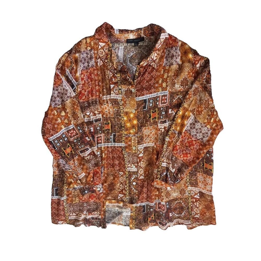 Jane Delancey Women's 1X Pattern Paisley Aztec Brown/ Orange Blouse 100%‎ Rayon